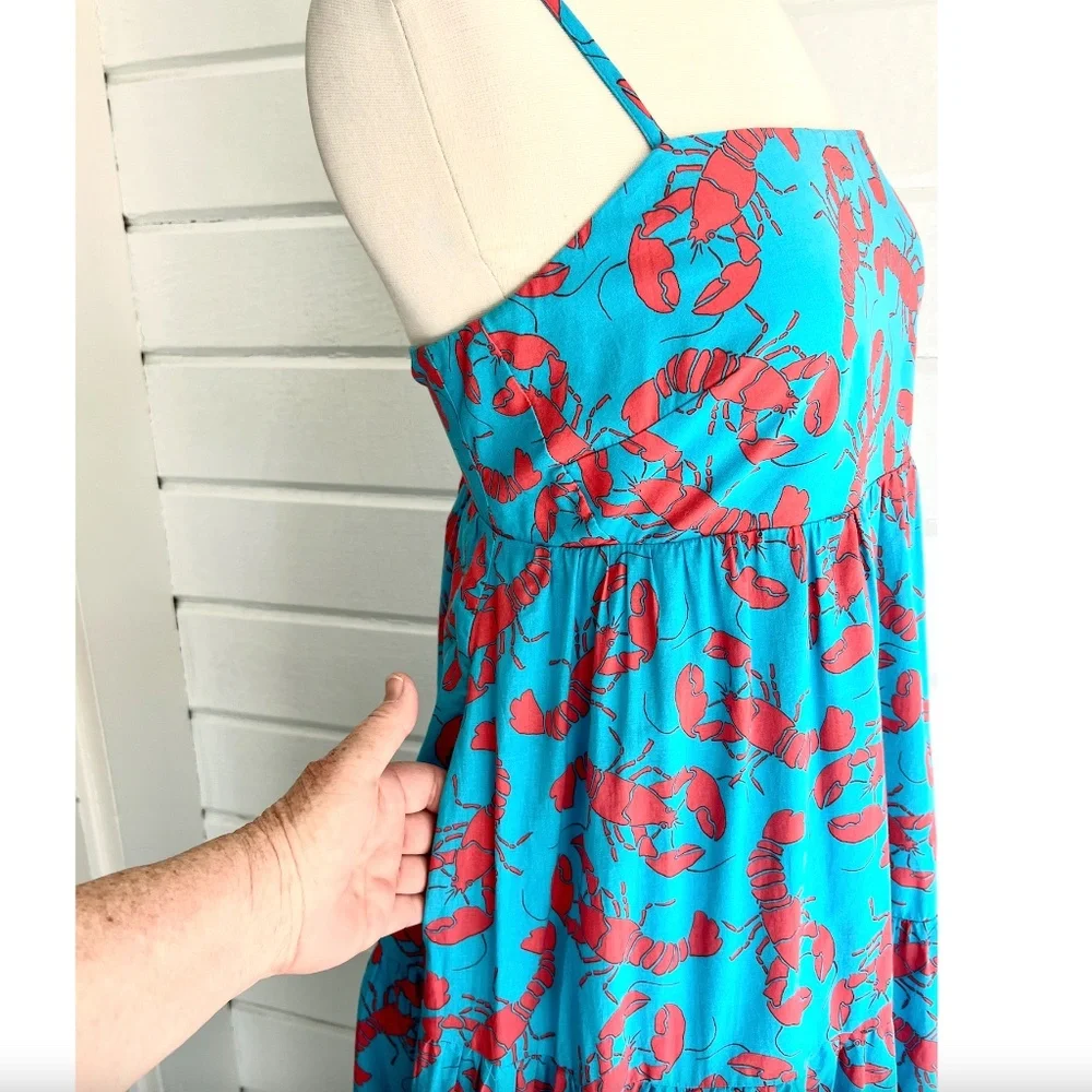 J. CREW FACTORY Strappy Tie-Back Tiered Midi Dress in Blue Lobster Print - 10 - Picture 4 of 13
